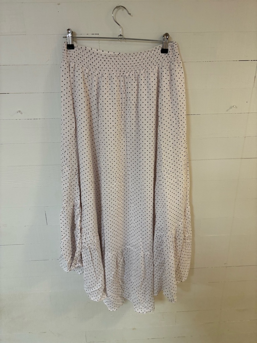 Polka Dot Midi Skirt Size L Cream Black Ruffle Hem Flowy Casual - Picture 2 of 4